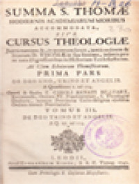 Cursus Theologiae, Prima Pars (De Deo Uno, Trino Et Angelis) - Tomus III. De Deo Trino Et Angelis